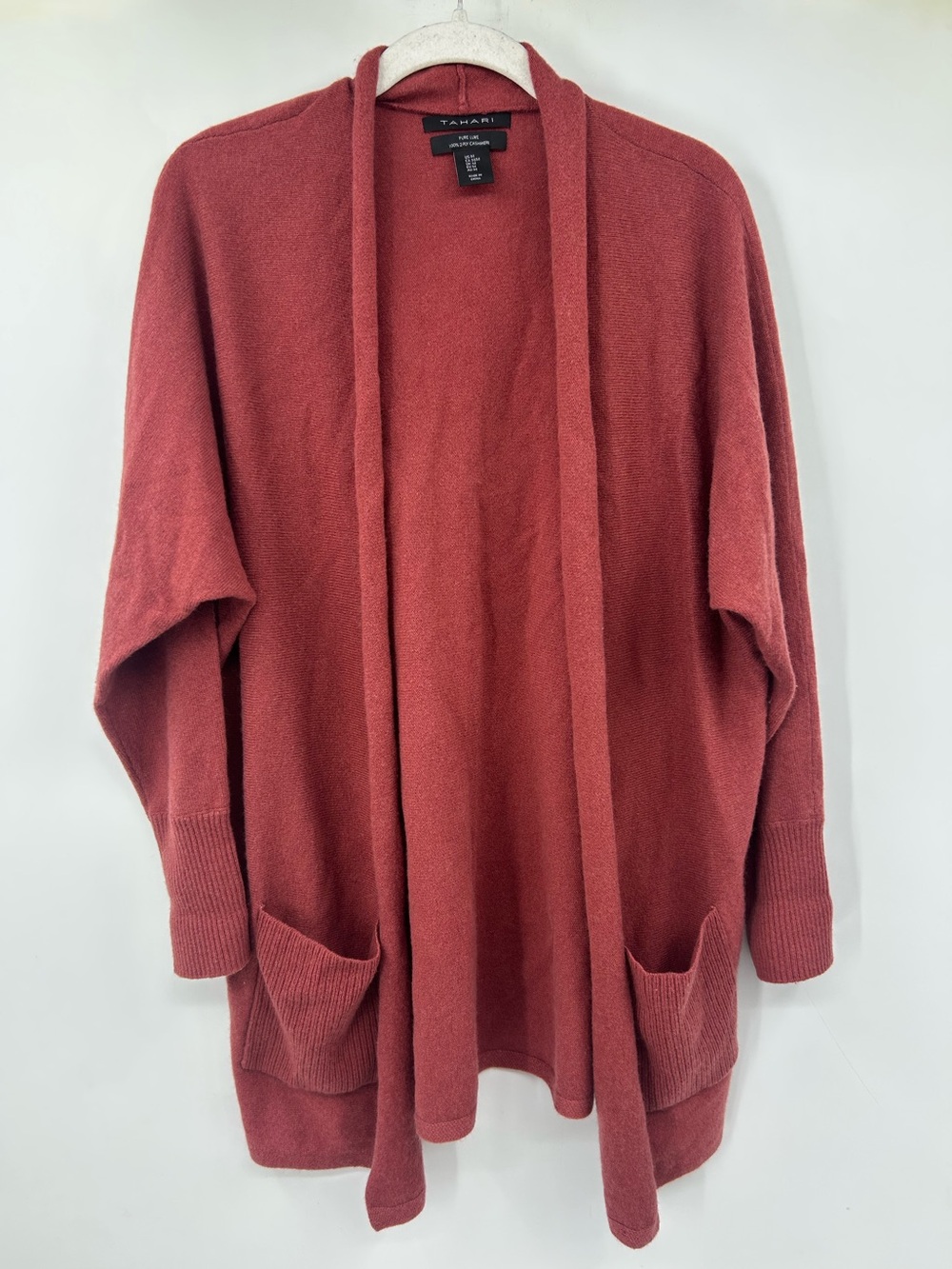 Tahari Pure Luxe 100% 2 Ply Cashmere Drape Neck Long Cardigan Brick Brown Size M